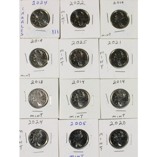 12 ASSORT. MINT CANADIAN 25 CENT COINS