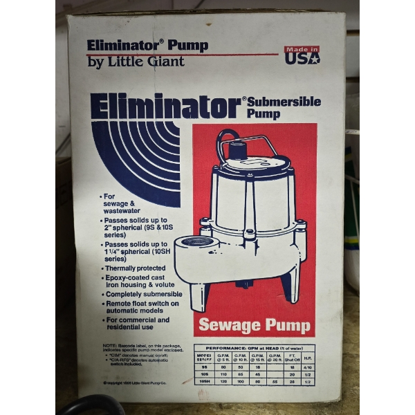 NEW ELIMINATOR SUBMERSABLE SEWAGE PUMP