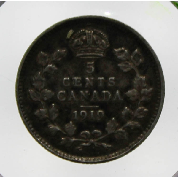 1919 KING GEORGE V CANADA SILVER 5 CENT COIN