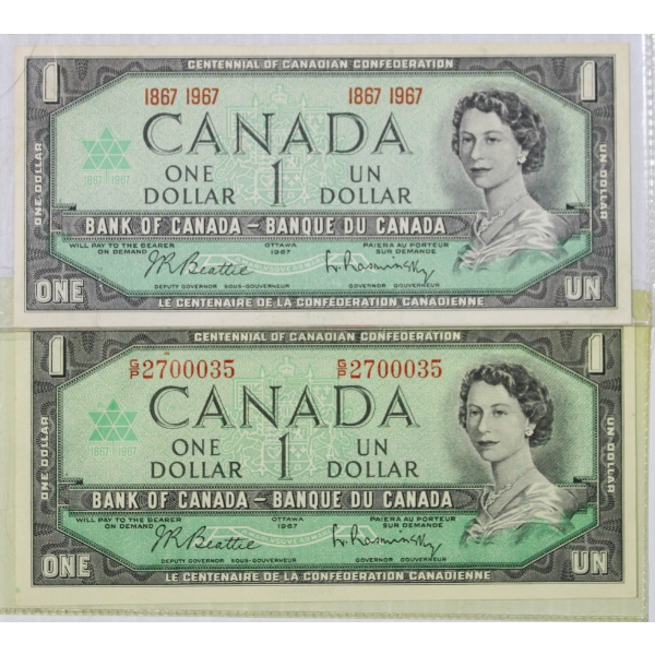 TWO 1967 UNC. CENTENNIAL $1 BANKNOTES