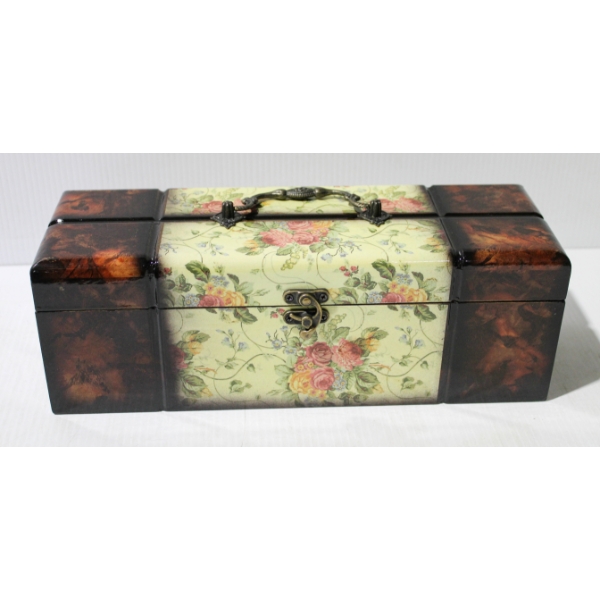 FLORAL WOODEN WINE BOX W/ CORKSCREW ETC.