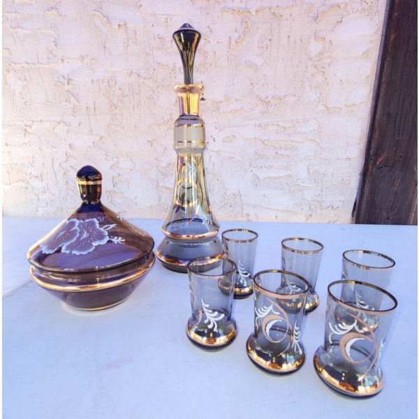 VINTAGE GLASS DECANTER SET & LIDDED DISH