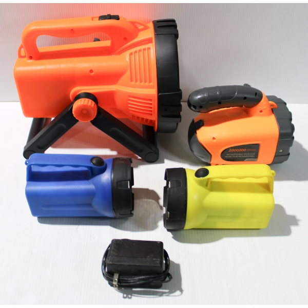 4 ASST. FLASHLIGHTS - MAY NEED BATTERIES OR CHARGING CORDS