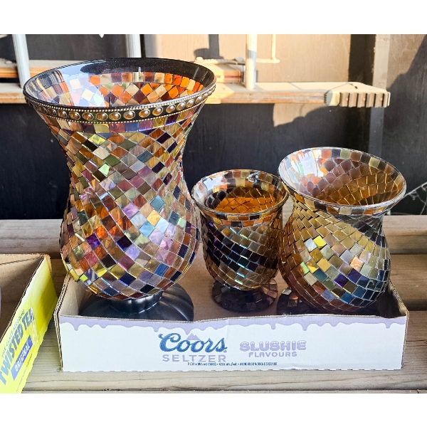 THREE MOSAIC STYLE GLASS VASES