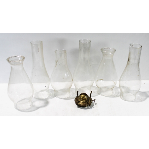 6 VARIOUS COAL OIL LAMP CHIMNEYS & WICK HOLDER
