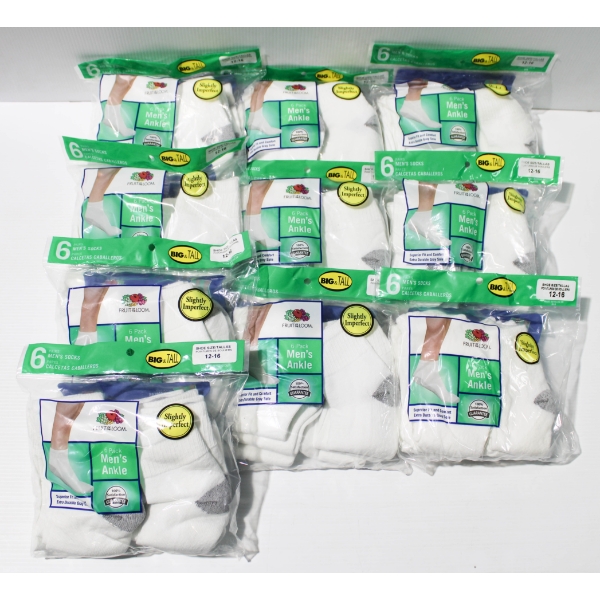 10 X 6PR FRUIT OF THE LOOM BIG & TALL MEN'S ANKLE SOCKS