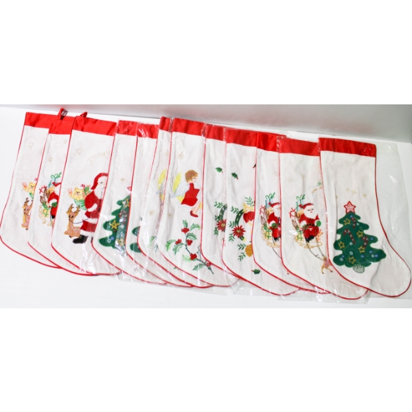 12 NEW EMBROIDERED CHRISTMAS STOCKINGS