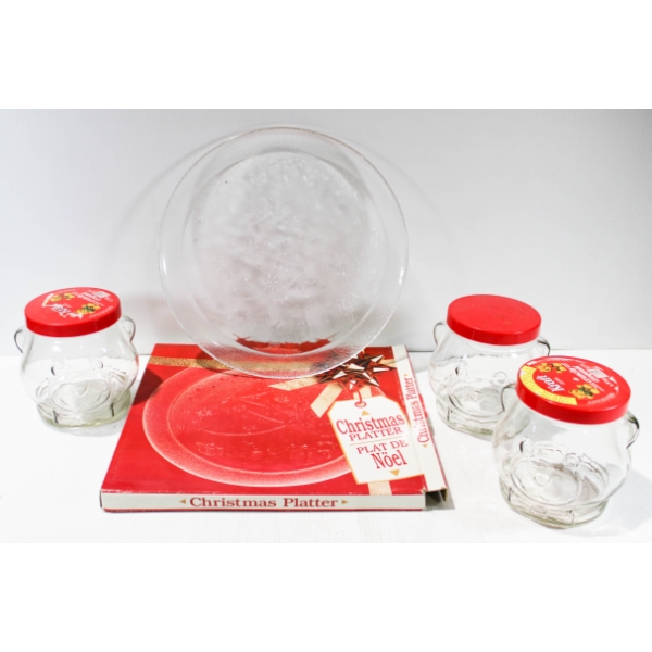 3 VINT. KRAFT CRUNCHY BEAR JARS & CHRISTMAS PLATTER