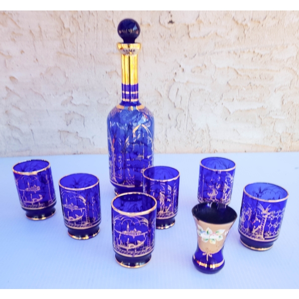COLBALT BLUE DECANTER SET W/ GOLD TRIM ETC.