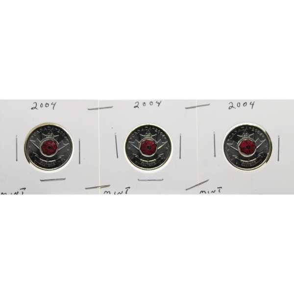 3 CANADIAN 2004 REMEMBERANCE POPPY 25 CENTS