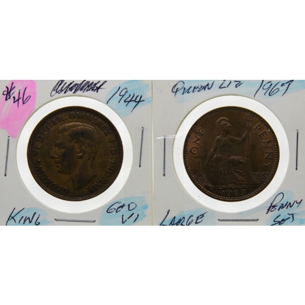 1944 KINGGEORGE VI & 1967 QUEEN LIZ LARGE PENNIES