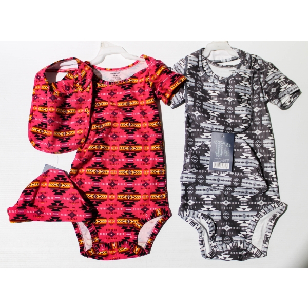 2 X 18M NEW ONESIES W/ MATCHING BIB & CAPS - GREY & PINK