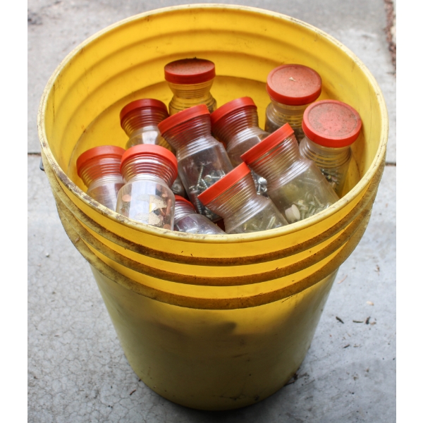 YELLOW PAIL WITH JARS OF ASSORT. HARDWARE