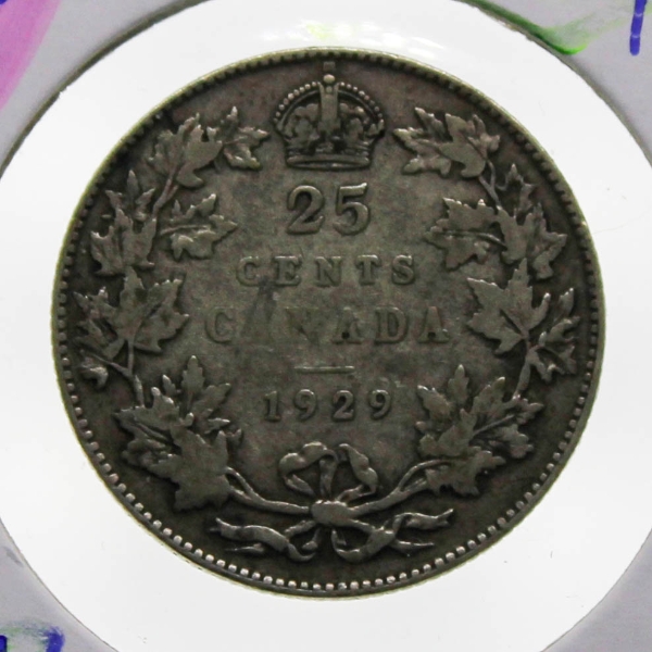 1929 CANADIAN SILVER 25 CENT COIN