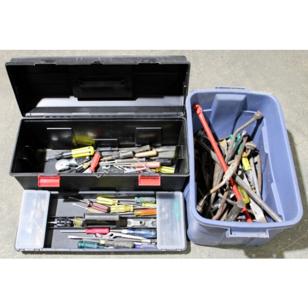 TOOL BOX & TOTE W/ ASSORT. TOOLS & SCRAP METAL