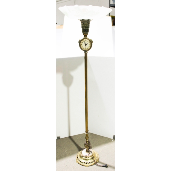 VINTAGE LANSHIRE CLOCK FLOOR LAMP W/ GLASS SHADE