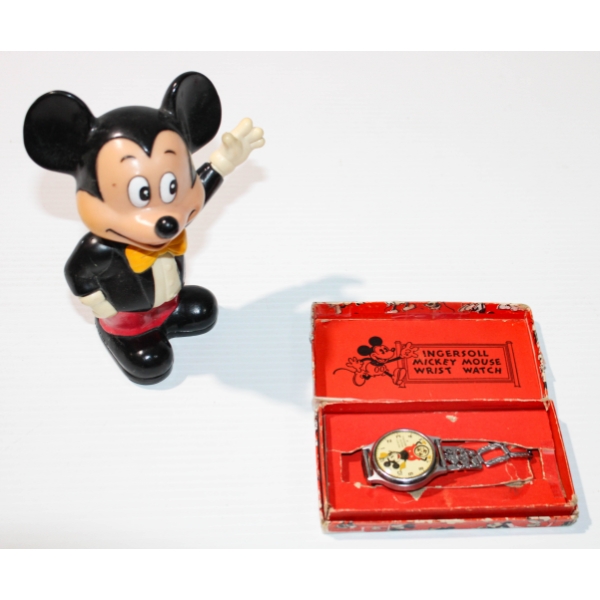 VINT. DISNEY MICKEY MOUSE PIGGY BANK & WRISTWATCH