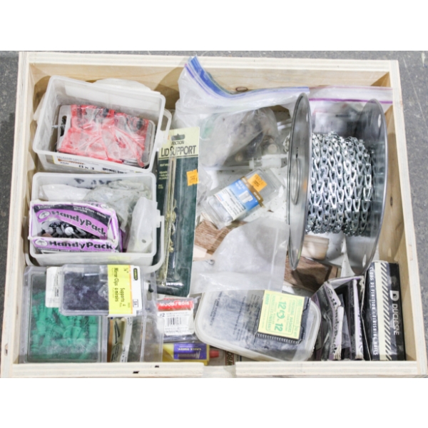 ASST. FASTENERS SCREWS NAILS ETC. W/ WOODEN TRAY 