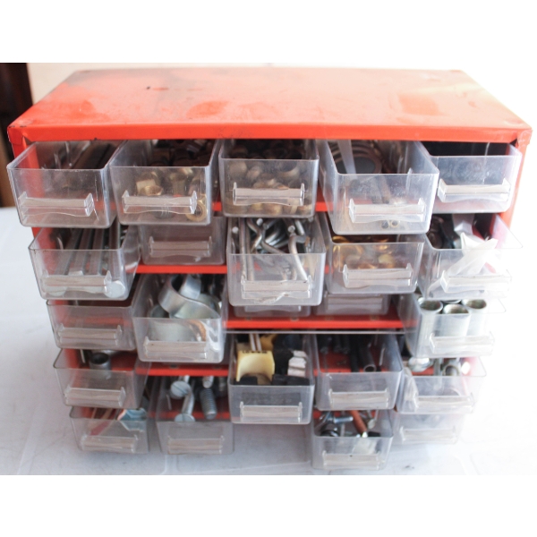 ORANGE METAL PARTS BIN W/ ASST. PARTS 