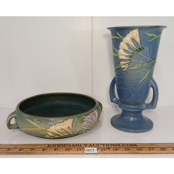 LOT OF 2 - ROSEVILLE POTTERY FREESIA CONSOLE BOWL & VASE