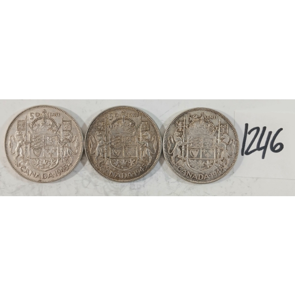 LOT OF 3 - 1945 CDN 50 CENT SILVER COINS