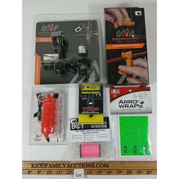 LOT OF 6 - OCTOBER MOUNTAIN PRODUCTS TRUE-CENTER LAT, ARROW / BOLT PULLER, LEVEL KIT, ETC