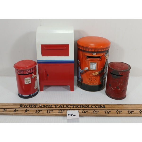 LOT OF 4 - TIN & PLASTIC COIN BANKS - INCL CANADA POST & POST OFFICE, ETC.