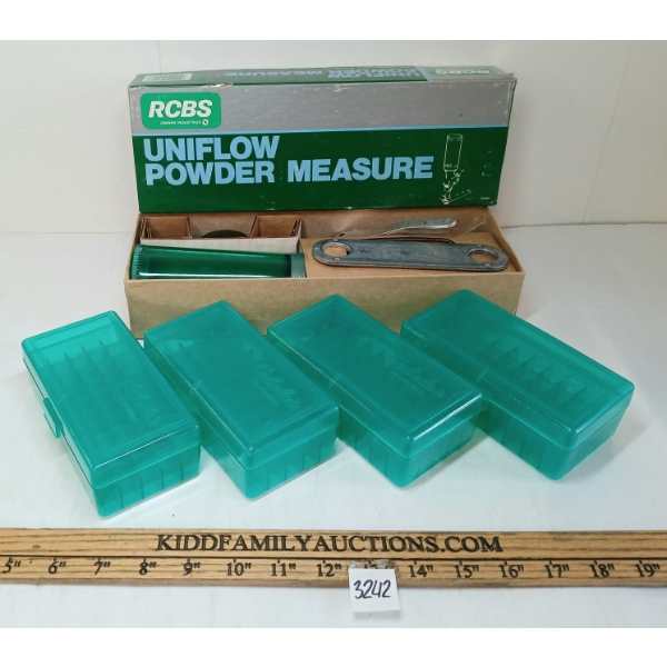 LOT OF 5 - RCBS UNIFLOW POWDER MEASURE W/ AMMO CASES