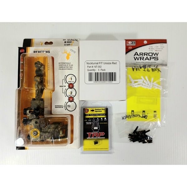 LOT OF 6 - TROPHY RIDGE REACT H5 SIGHT, PODIUM 1/32IN PEEP APERTURE, ARROW WRAPS, ETC