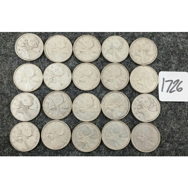 LOT OF 20 - 1940-1968 CDN 25 CENT COINS