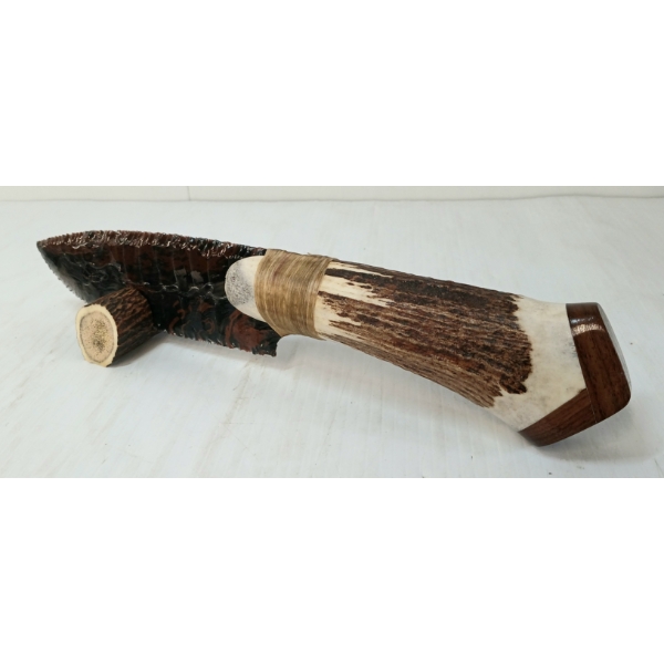 OBSIDIAN KNIFE W/ ANTLER HANDLE & STAND
