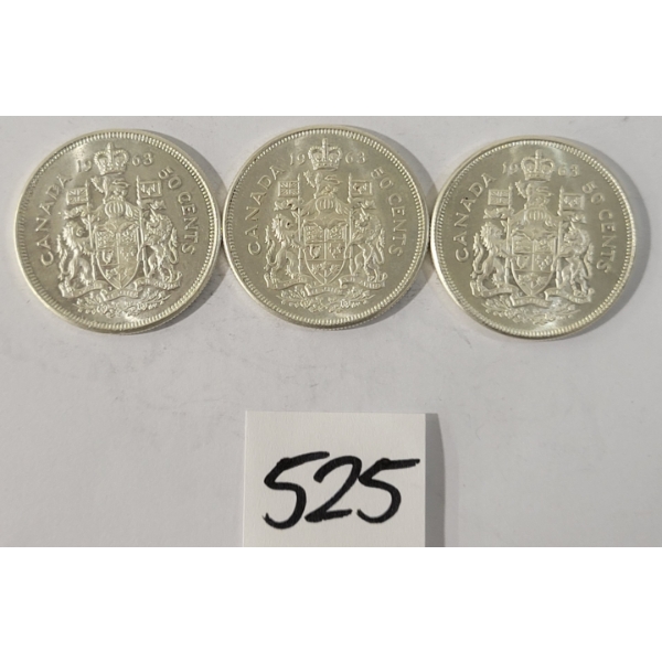 LOT OF 3 - 1963 CDN 50 CENT SILVER COINS