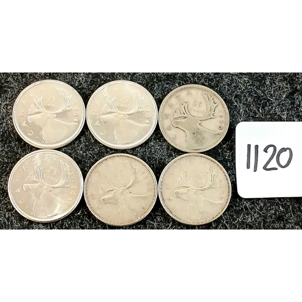 LOT OF 6 - 1940-1965 CDN 25 CENT COINS