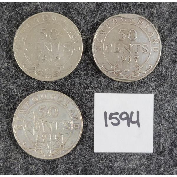 LOT OF 3 - 1917-1919 NEWFOUNDLAND 50 CENT SILVER COINS