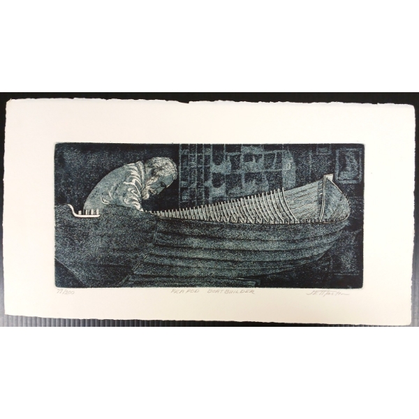 "PEA POD BOAT BUILDER" BY J.E. MARTIN - STONECUT LITHOGRAPH