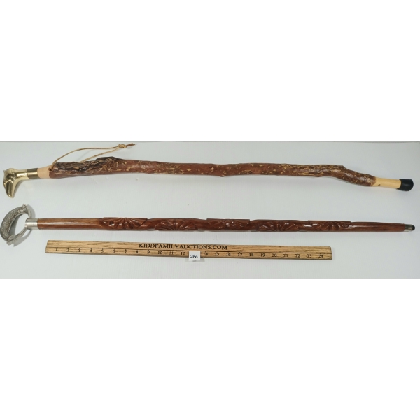LOT OF 2 - BRONZE / CHROME POMMEL WOOD CARVED CANES - EAGLE & ULU 