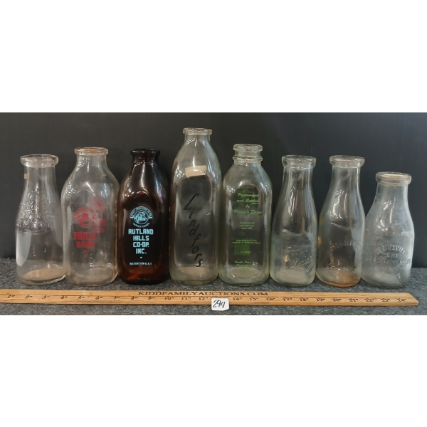 LOT OF 8 - MILK BOTTLES - THIELE, LINDFORS, SYDNEY CITY, DOWNSVILLE, RUTLAND HILLS, ROOTS, ETC