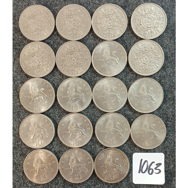LOT OF 19 - 1953-1962 BRITISH 2 SHILLINGS & 1968-1969 10 PENCE COINS