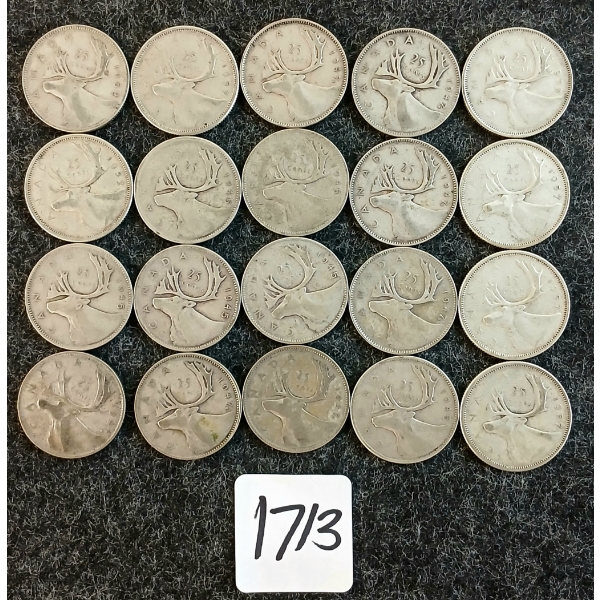 LOT OF 20 - 1945-1957 CDN 25 CENT COINS