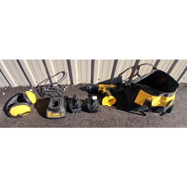 DEWALT DRILL SET W/ EARMUFFS, BATTERIES, CHARGER & CASE 