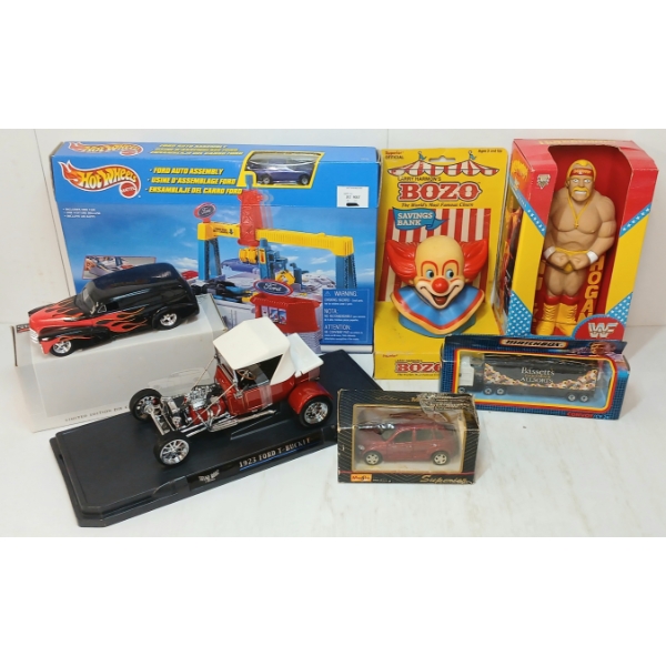 JOB LOT - HOTWHEELS FORD AUTO ASSEMBLY, BOZO & HULK HOGA COIN BANKS & MISC DIECAST MODELS