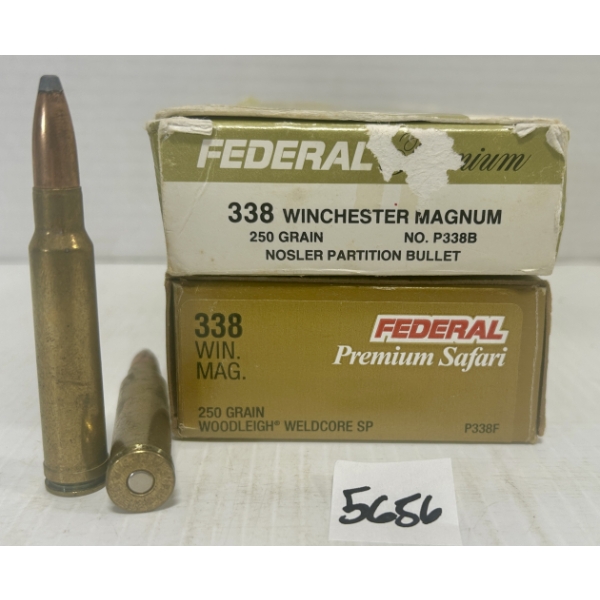 AMMO/BRASS: 31X LIVE & 5X BRASS FEDERAL .338 WIN MAG 250GR. 