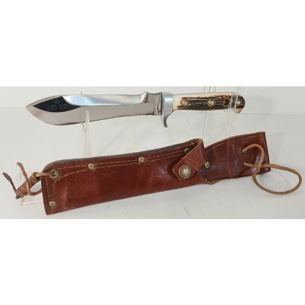 GERMAN PUMA WHITE HUNTER ANTLER HANDLED KNIFE W/ LEATHER SHEATH