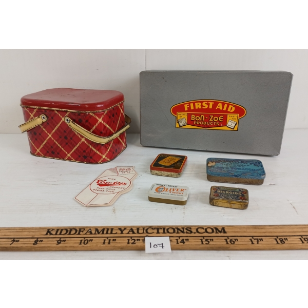 JOB LOT - HOUSEHOLD TINS - INCL BON-ZOE FIRST AID, FRY'S COCOA, ETC