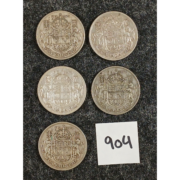 LOT OF 5 - 1942 CDN 50 CENT SILVER COINS