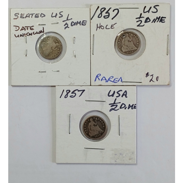 LOT OF 3 - 1852, 1857 & UNKNOWN US HALF DIME SILVER COINS