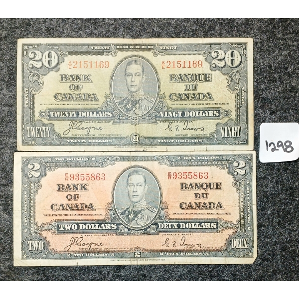 LOT OF 2 - 1937 CDN $2 & 20 BANKNOTES