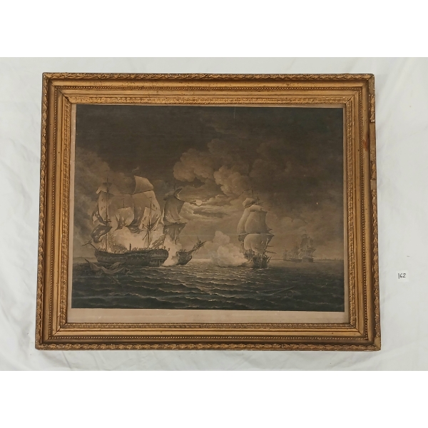 "THE DESPERATE FIGHT OF CAPT' PEARSON & COMMANDER JONES [...] 1779" - GILDED FRAMED LITHOGRAPH