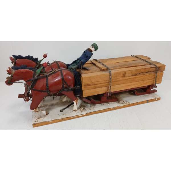 FOLK ART LOG HAULING WAGON W/ HORSES