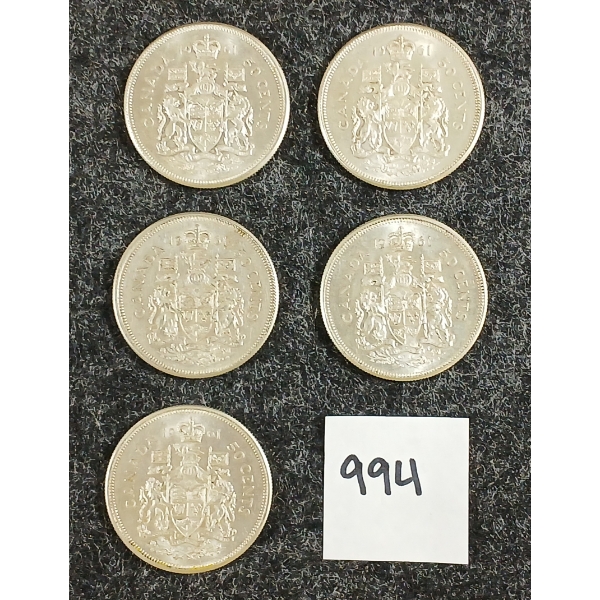 LOT OF 5 - 1961 CDN 50 CENT SILVER COINS